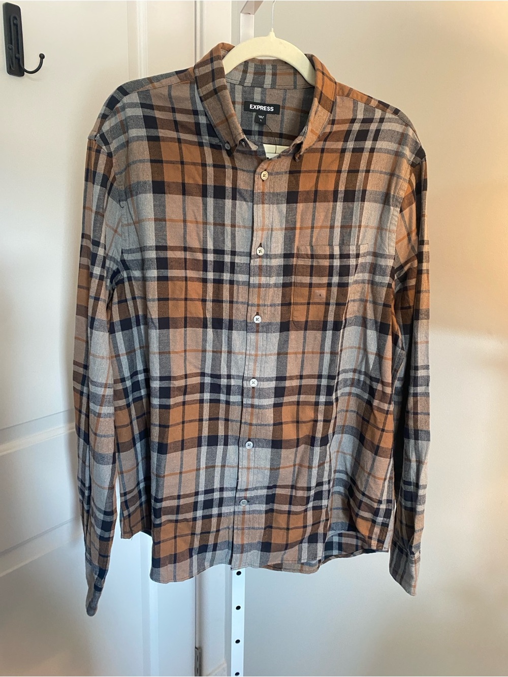 Express Men’s Brown & Gray Plaid Button-Down Shirt NWT L